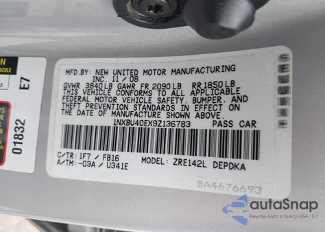 2009 Toyota Corolla Le из США, поврежденный, VIN 1NXBU40EX9Z136783